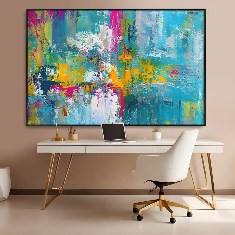 Tablou canvas cu pictura abstracta cu pete albastre si galbene, in rama de aluminiu negru, pe perete intr-un birou